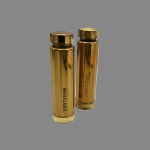 2 Le Galion Sortilège Perfume Bottles, Gold Pocket Travel Flacons, Vtg Empty